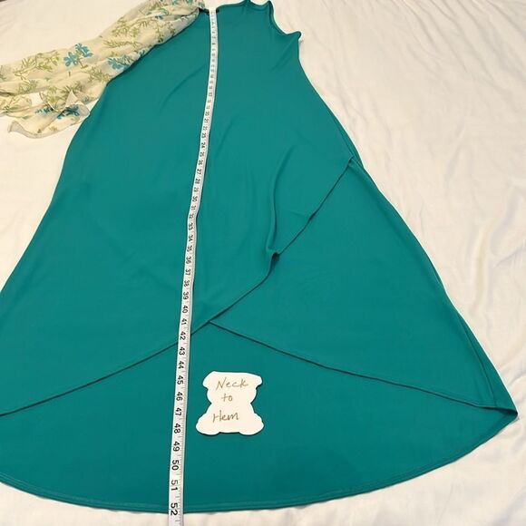 Alfani szXS elegant teal faux wrap drape front longer in back sleeveless dress - Picture 4 of 10